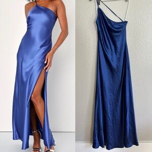 Flirtatious Evenings Blue Satin Asymmetrical Backless Maxi Dress